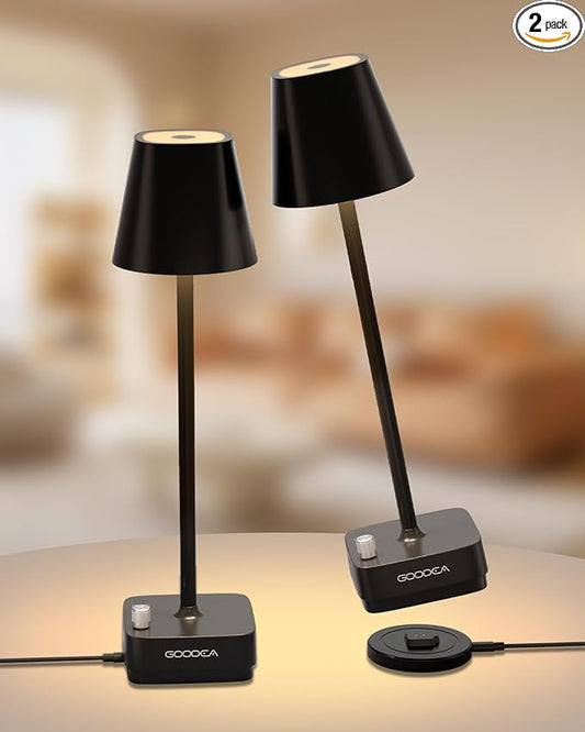 2 Pack Cordless Table Lamp with Charging Base, Rechargeable 6000mAh Battery Operated Lamp, 3 Color Dimmable Portable Table Light for Restaurant, Bedroom, Home, Kitchen Counter