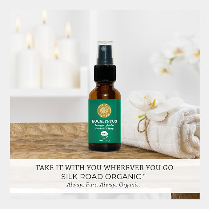 Silk Road Organic Eucalyptus Essential Oil Spray, 100% Pure USDA Certified Aromatherapy - Congestion, Colds, Cough, Sinus, Allergies & Skin Care – 1 Oz Spray
