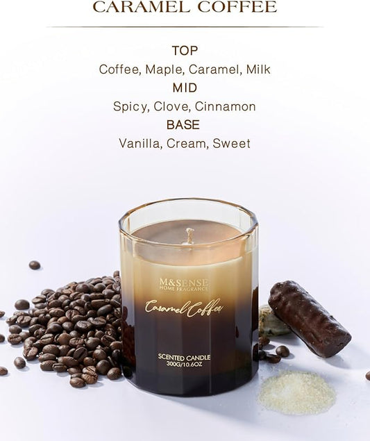 M&SENSE Caramel Coffee Candle for Home Scented, 10.6oz 60 Hours Burn Natural Soy Long Lasting Slow Burning Organic Aromatherapy Candle Housewarming Appreciation Gift for Women