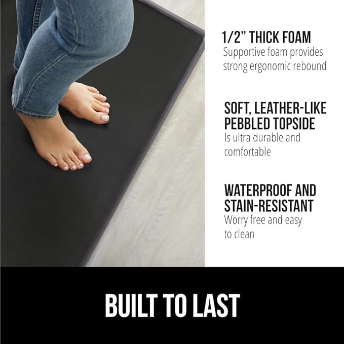 GORILLA GRIP 2 Pack Comfortable Cushioned Kitchen Mats for Floor, 17x24 + 17x48, Waterproof and Stain Resistant, 1/2 Inch Thick Soft Ergonomic Standing Desk Anti Fatigue Mat, Foam Supports Feet, Black