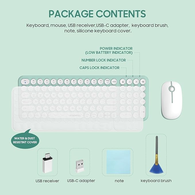Wireless Keyboard and Mouse Combo, XTREMTEC Cute Kawaii Green Aesthetic Quiet Laptop Keyboard Teclado y Mouse Inalambrico Mac (Macaron Green)