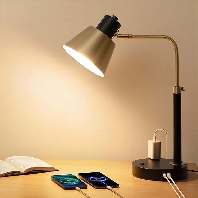 Desk Lamp - Heavy Duty Metal Task Light, USB-C & AC Outlet, Easy Assembly with Cord Guide, Adjustable Head for Office Home Study, Matte Black & Brushed Brass (Bulb Not Included)