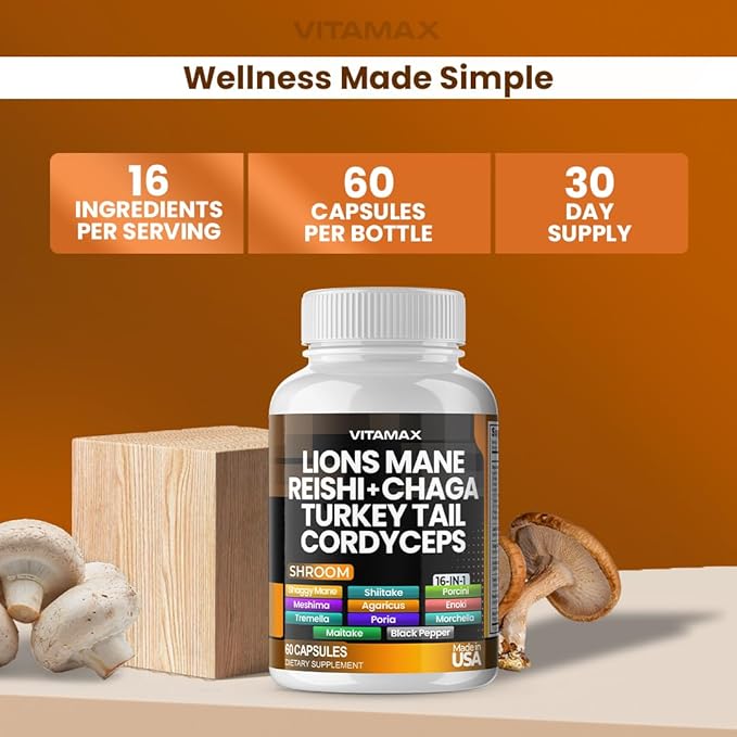 Lions Mane Mushroom, Turkey Tail, Chaga & Reishi, Cordyceps Shiitake White Elm King Trumpet Nameko Oyster Porcini Focus & Energy - Made in USA