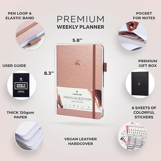 Clever Fox Planner Premium Edition – Undated Luxurious Weekly & Monthly Planner to Increase Productivity and Hit Your Goals – Organizer – Start Anytime, A5, Lasts 1 Year, Rose Gold (Weekly)