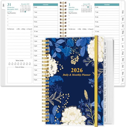 2026 Daily & Monthly Planner - One Page Per Day, Daily Planner 2026 from January 2026 to December 2026, Planner 2026 with 12 Monthly Tabs, 6.4" x 8.5", Blue Leaf