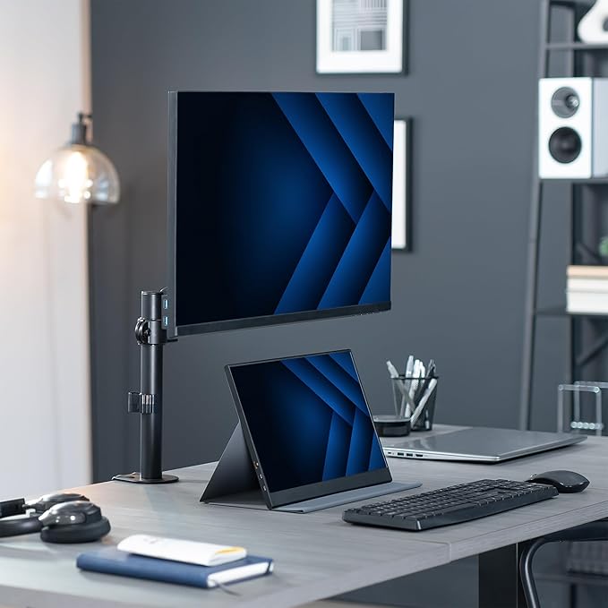 VIVO Single Monitor Arm Mount for 17 to 32 inch Screens - Pneumatic Height Adjustment, Full Articulating Tilt, Swivel, Heavy Duty VESA Stand with Desk C-clamp and Grommet Option STAND-V001K