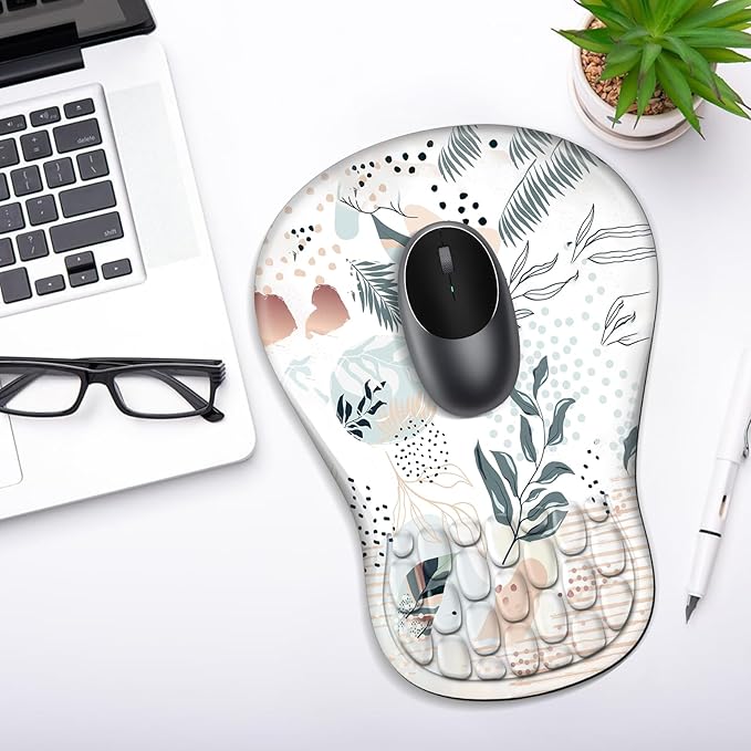 Ergonomic Mouse Pad with Wrist Rest Support, Mousepad with Comfortable Memory Foam Wrist Rest and Non-Slip PU Base for Pain Relief, Computer, Laptop, Office, Home (Boho Leaves)