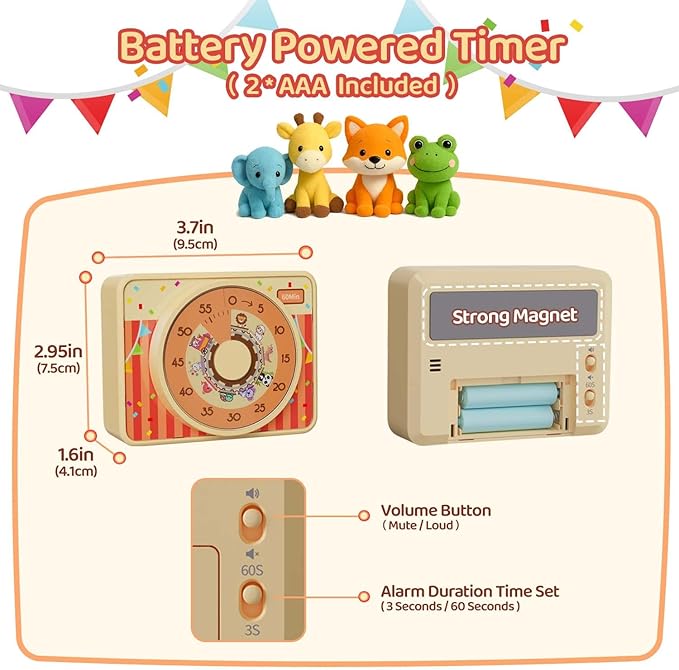 VOCOO Kids Visual Timer for Classroom - 60-Minute Countdown for Kitchen Cooking Office, Strong Magnet, Silent Time Management Tool, 2 AAA Batteries Included, Cute Animal Pattern (Orange)