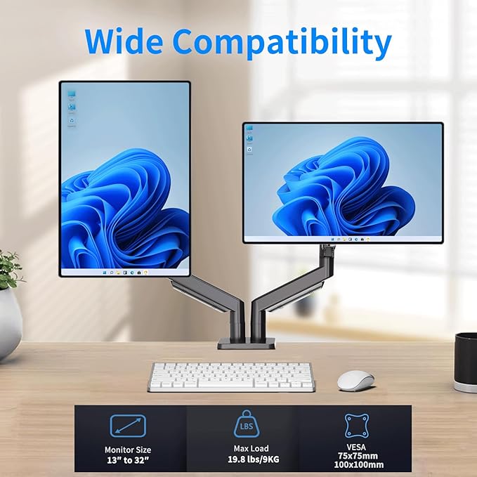 Dual Monitor Stand for 13 to 32 inch Screens, Gas Spring Monitor Arm with Swivel, Tilt, Rotation, Height Adjustable, Desk Mount with C-Clamp and Grommet Base, Each Arm Holds 4.4 to 19.8lbs Screen