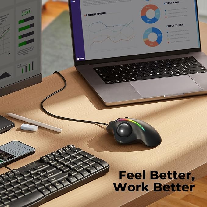 Wired Trackball Mouse with RGB Lighting, Ergonomic Thumb Control to Reduce Muscle Strain, 5 Adjustable DPI, Dual USB-C & USB-A Connectivity, Compatible with PC, Laptop, Mac, Windows-Black