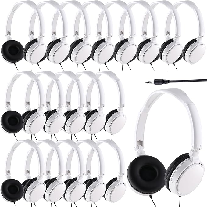 Yunsailing 18 Pack Classroom Headphones Bulk Student Wired Class Headphones Set for Kids School with Individually Wrapped Adjustable Over Ear Head Earbuds(White)