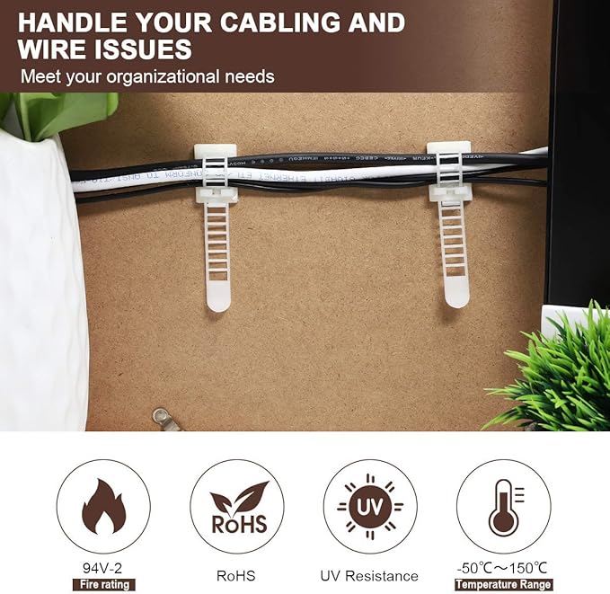 Adhesive Cable Management Clips, 100Pcs Adjustable Nylon Cable Strap Ties Wire Clips Clamps Organizer with Strong Adhesive Tape, Extra Screw & Hole for Strong Fixation Home Office - 3.35 Inch White