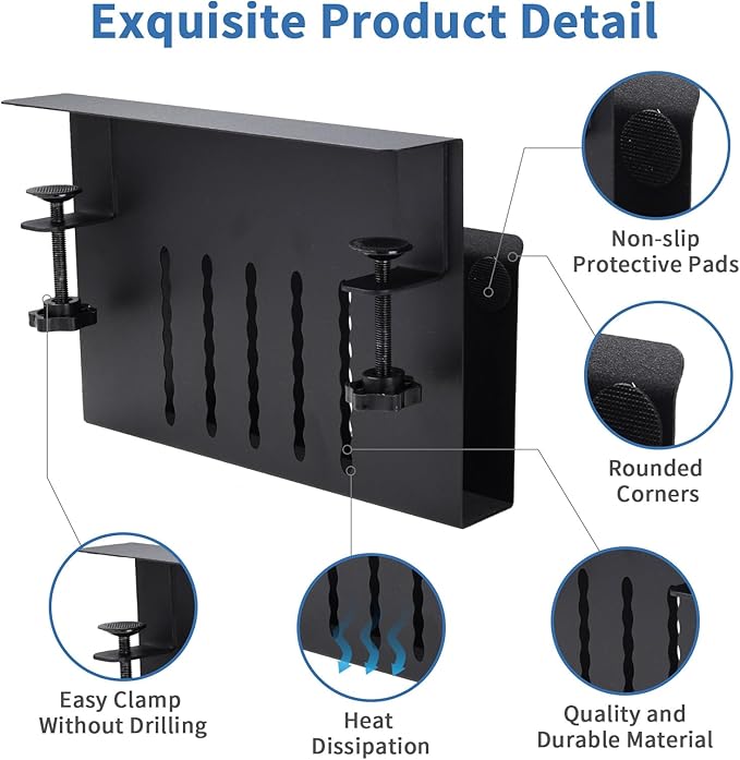 Under Desk Laptop Holder, Desk Side Storage with Anti-Scratch Pad & Magnetic Pen Holder, Clamp on Table Organizer for Office Home Fits Flat Edge Table 0.3" to 2.3"