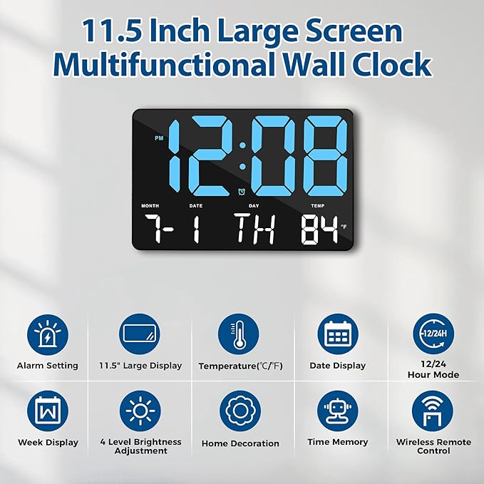 SZELAM Digital Clock Large Display,11.5"Digital Wall Alarm Clock with Remote Control,LED Oversized Electric Clock with Calendar,12/24H,Adjustable Brightness Large Clock for Home Office Kitchen Bedroom