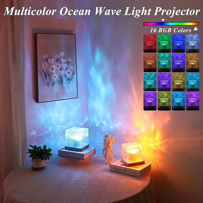 Aurora Ocean Wave Lights Projector Rechargeable, Touch Cube Northern Lights with 16 Colors 4 Modes Dimmable Cordless Ambient Mood Lighting, Crystal Color Changing Night Light for Bedroom, with Remote