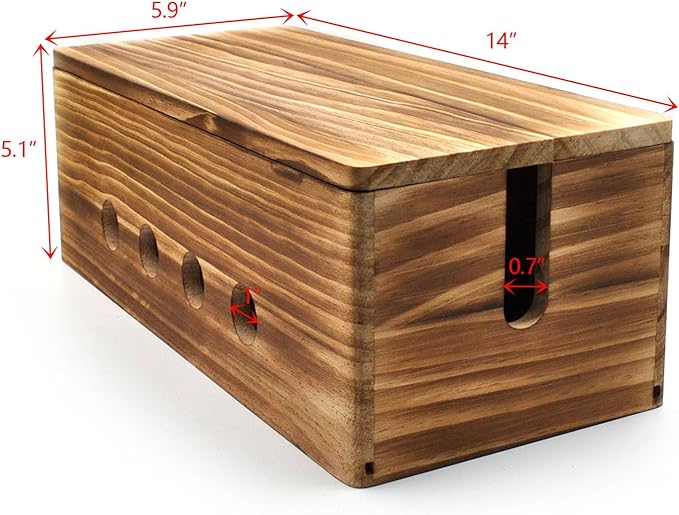 Large Cable Management Box, Wood Cord Hider Box & Organizer for Power Strip Hider Cable Storage for Office, TV Wires, Desk Cord Organizer, 14" x 5.9" x 5.1", Vintage Walnut (Vintage Walnut-lid)