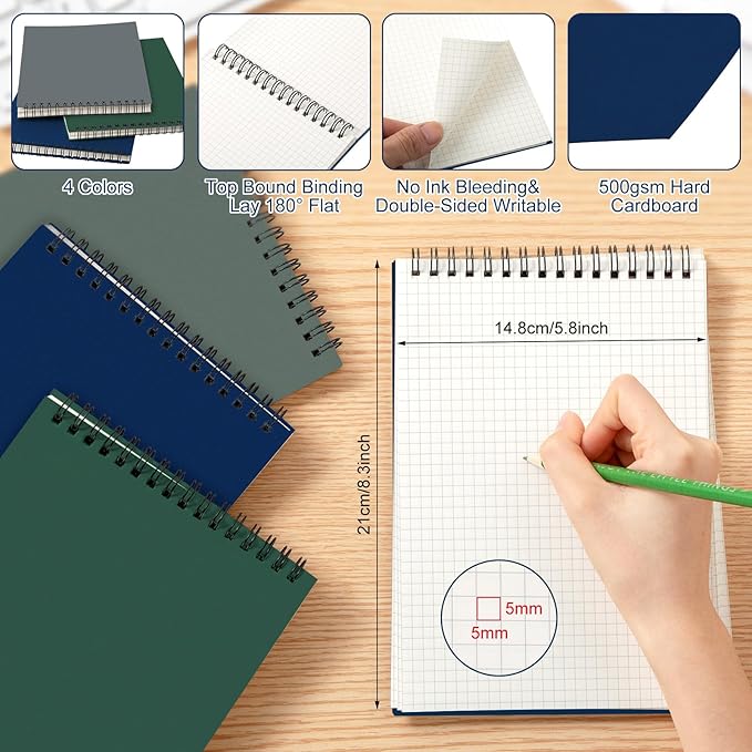 6 Pack Graph Paper Spiral Notepad A5 Top Wirebound Notepad Grid Notebook Steno Pads Memo Notebook Grid Paper 140 Pages for Writing Sketching Drawing Office Supplies (Dark Color)