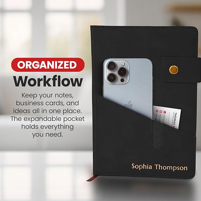 Promot Personalized Notebook - A5 Lined Leather Bound Journal for Writing Women Men - Hardcover Executive Notebook, Daily Journal, Travel Diary, Gift Idea, Custom Embossed Text with Gold Metallic Foil