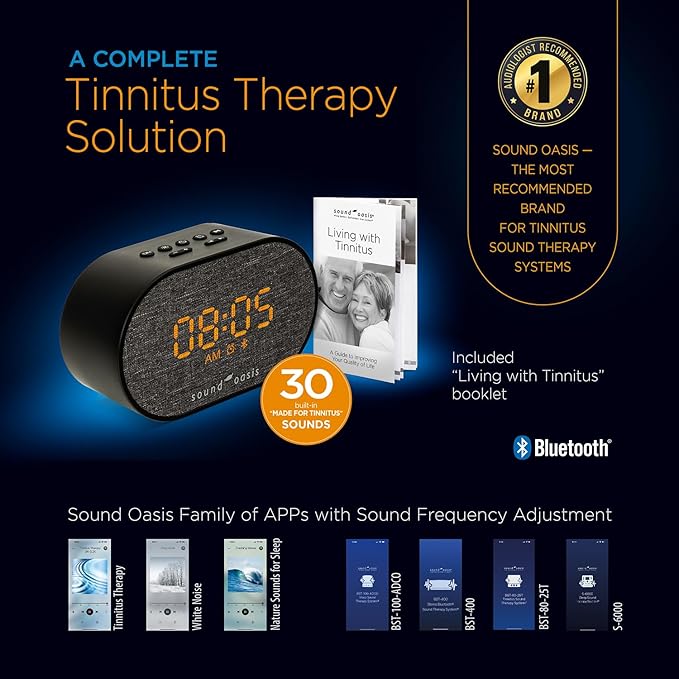 Sound Oasis® Bluetooth Tinnitus Sound Therapy System® Alarm Clock - Sleep Better, Manage and Mask Tinnitus, 30 Built-in Sounds for Tinnitus Relief, Sleep-Friendly Lighting, Travel Friendly (BST-150T)