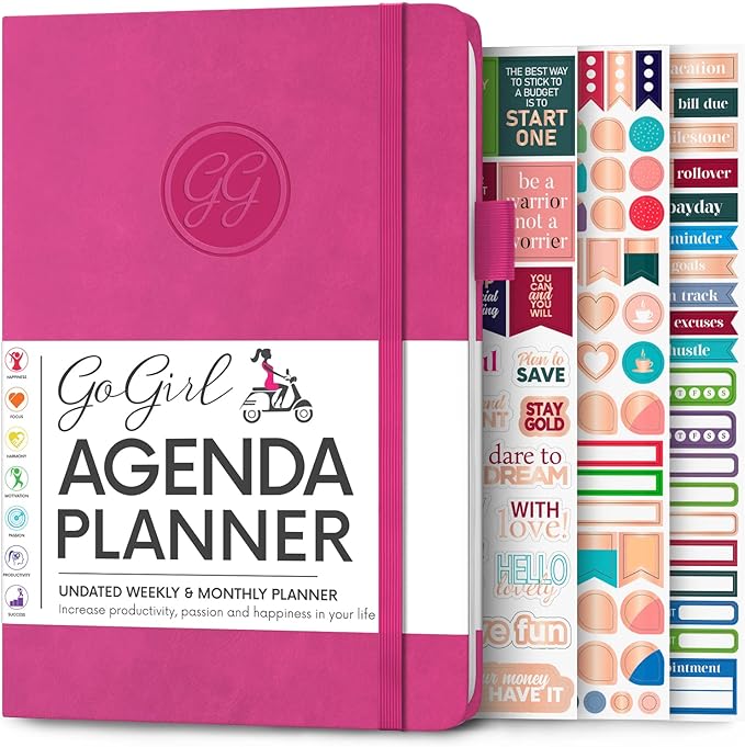 GoGirl Planner Agenda – Colorful Undated Monthly & Weekly Organizer for Women, Journal for Time Management & Productivity (Hot Pink)