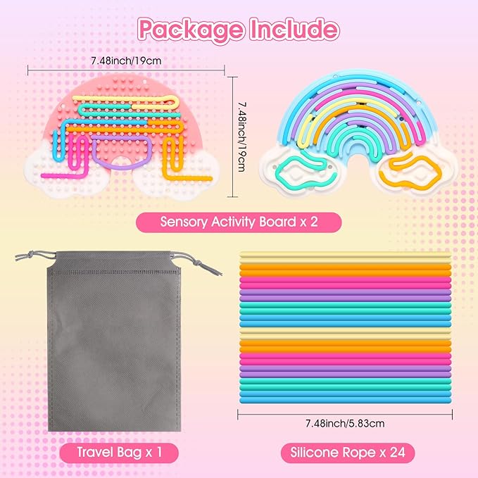 2pcs Fidget Toys Sensory Activity Board, Silicone Sensory Toys for Anxiety Autistic ADHD Calming, Kids 3+ & Adults, Travel Bag & 24 Strings, Rainbow (Pink & Blue)