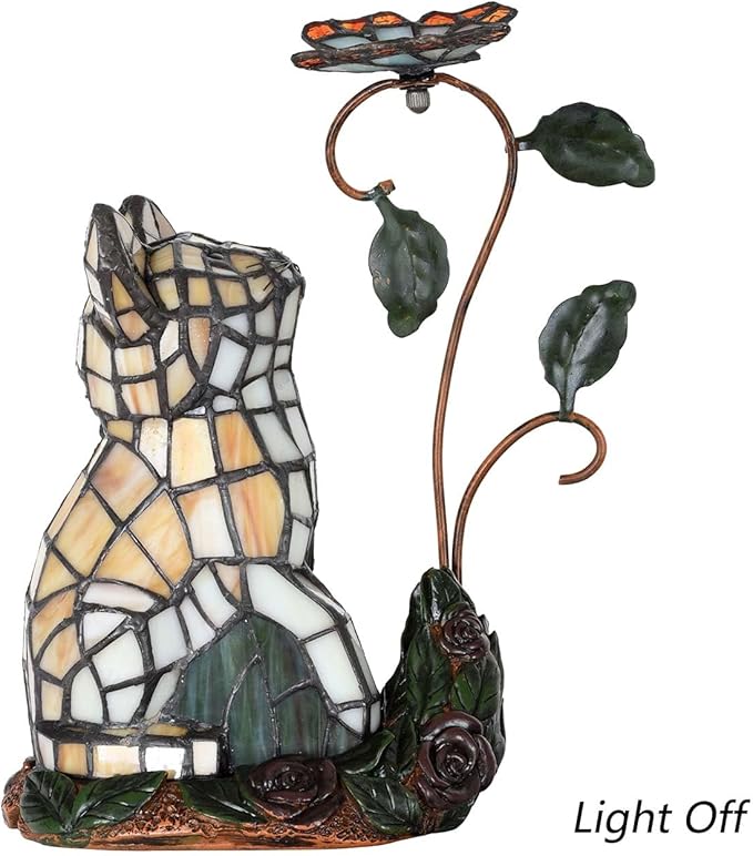 Bieye L10891 Tiffany-Style Stained Glass Cat Accent Table Lamp - Adorable Orange Cat Watching a Butterfly - 10-Inch Tall
