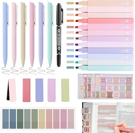 Bible Journaling Kit, Include 12 Bible Highlighters and 6 Pens No Bleed, 90 Laminated Bible Tabs, Magnetic Bookmarks, Sticky Notes, Study Supplies Essentials Set for Women & Men