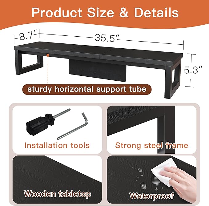 Dual Monitor Stand Riser, Wood and Steel Monitor Stand for Desk, Multi-Purpose Desk Shelf Organizer for Computer, Laptop, Printer, TV, Black