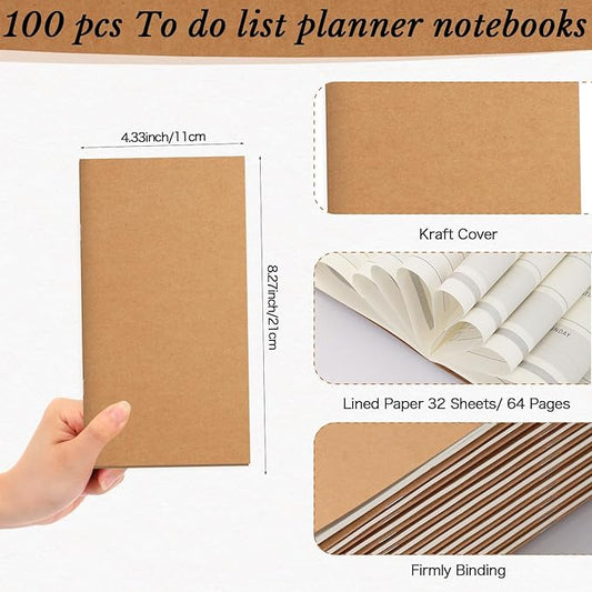 Qilery 100 Pcs 2025-2026 Daily Weekly Planner Bulk Christmas Employee Appreciation Gifts Small Pocket Journal to Do List Goals Notepad for Coworkers Teacher Students Team (Kraft Paper Color)