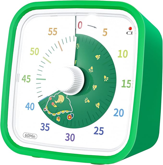 Yunbaoit Visual Timer with Protective Case, Dinosaur Disk 60 Minute Countdown Timer for Kids and Adults, Silent Time Management Tool(Green Dinosaur)
