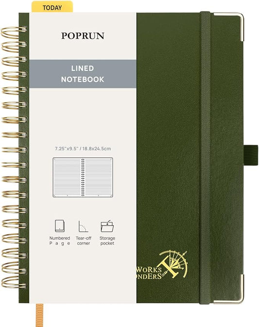 POPRUN Lined Spiral Journal Notebook for Women & Men, 7-1/4" x 9-1/2", 220 Numbered Pages, College Ruled Hardcover Notebook for Work, Journals for Writing, 120 GSM Thick Paper - Olive