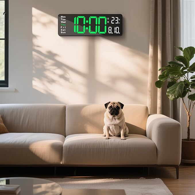 Digital Clock for Classroom, 16" Large Digital Clock with Remote Control, Led Wall Clock with Date, Week, Alarm, Temperature, Night Light for Living Room, Garage, Bedroom, Gym, Office(Green)