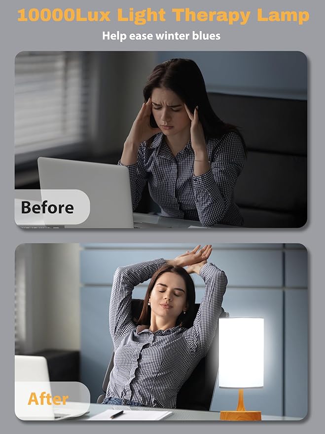 Light Therapy Lamp, 10000 Lux Daylight Lamp with 3 Color Temperatures, Adjustable Brightness, Timer & Memory Function, Sunlight Lamp with Remote Control(Grain Base White Shade)