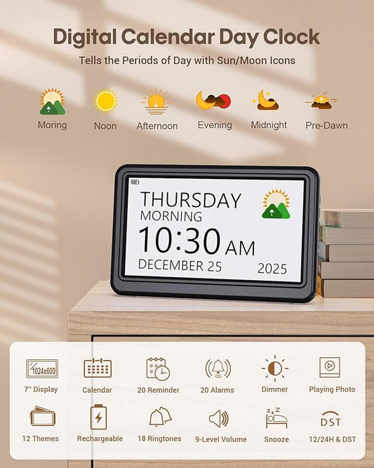 Clock with Day and Date for Elderly Battery Operated, Rechargeable Digital Calendar Clock with 12 Display Modes, 20 Alarms and Medicine Reminders, Dementia Clock for Seniors Memory Loss Alzheimer's