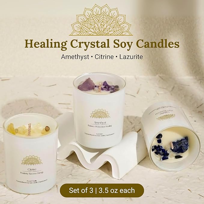 Soy Candles with Crystals - Aromatherapy Scented Candle for Women - Lavender Vanilla Gift Set - Small Wax Melts - 3 Pack 3.5oz