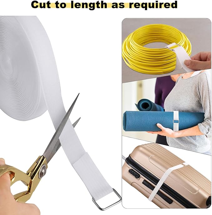 1"x32ft Hook and Loop Straps with 50 Metal Buckles, Adjustable Fastening Cable Straps, Cut-to-Length Cinch Strap, Reusable Nylon Securing Cord Ties for Organizer or Storage, 1 inch Wide, White