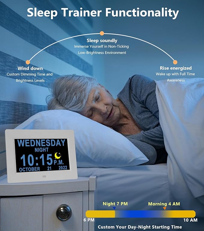 MASSII 【2025 New】 19 Alarms Digital Clock with Loud Voice Talking Time, Auto DST, 20 Custom Reminders, 10-Level Dimmer, Sleep Trainer, Day Date Calendar Clock for Seniors Dementia- 7 Inch with Remote