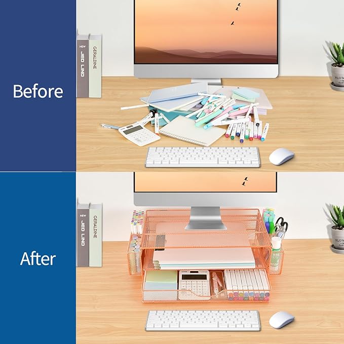 AUPSEN Computer Monitor Stands Riser,2-Tier Desk Organizers and Accessories, Office Desk Accessories Organizer with Drawers and 2 Pen Holder for Office Supplies (Rose Gold)