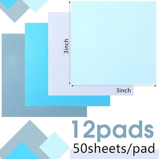 Thenshop 12 Pads Blue Sticky Notes 3''x3'', Self Stick Notes Pads Blue Office Supplies, Vintage Aesthetic School Accessories 50 Sheets/pad