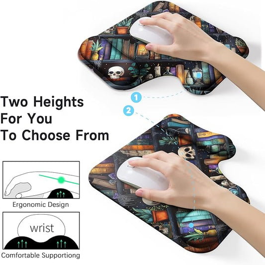 Ergonomic Mouse Pad with Gel Wrist Rest (1"& 1.2" Dual Height) - Mouse Pads Compact Mousepad Desk Mat Office, Gaming & Carpal Tunnel Relief | Non-Slip Rubber Base | Gothic Bookshelf