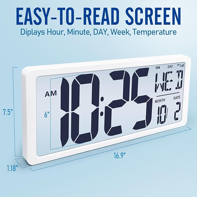 (6" Numbers) Display Built-in Rechargeable Power 18.44" Atomic Wall Clock -Night Display-Never Needs Setting!-Easy to Read Numbers-Never Need Replace Battery