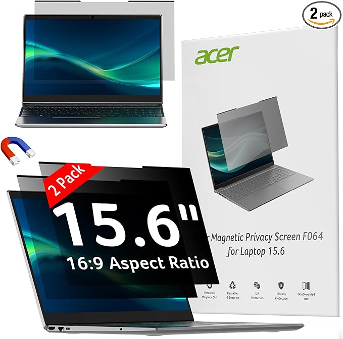 acer 2-Pack Laptop Privacy Screen - for Laptop 15.6 Inch 16:9, Magnetic & Removable Privacy Filter Shield, Anti-Glare Screen Protector, Dual-Sided Monitor Shield, for HP, Dell and Other Major Brands