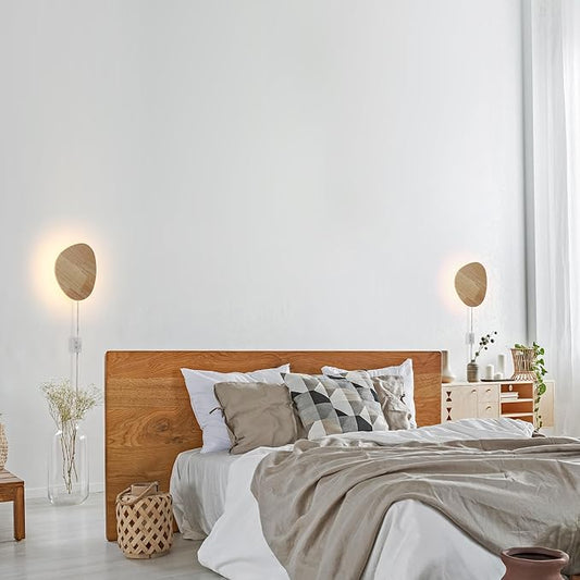 Modern Minimalist Plug in Wall Sconces, 7.9'' Plug-in Or Cordless Wood Backlight LED Wall Lamp, 8W, 700LM Warm White Brightness Wall Light Fixtures for Bedroom, Living Room Wall Décor