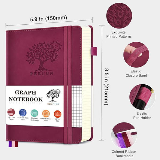 PERCUN Graph Paper Notebook, 160 Pages Grid Journal for women & men, A5 Hardcover Leather Graphing Notebook for School, Work, Travel, Note Taking 5.9”x8.5” (Burgundy)
