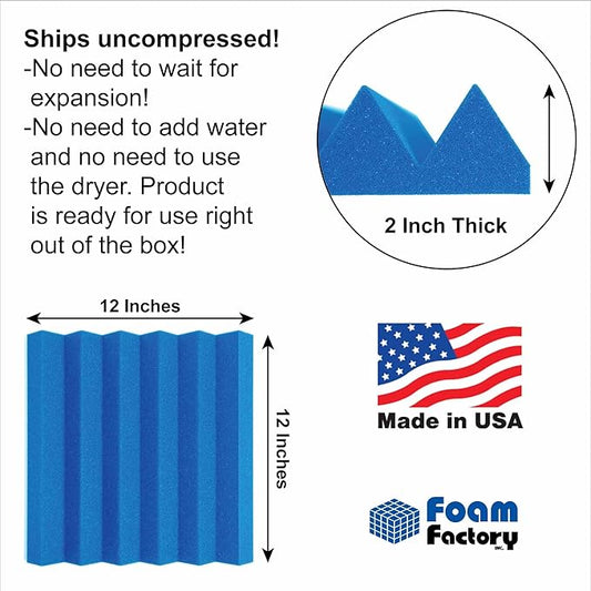 Foam Factory Inc 24 Pack Color Acoustic Foam Panel Studio Soundproofing Wedge Wall Tiles 12” X 12” X 2” (Blue)