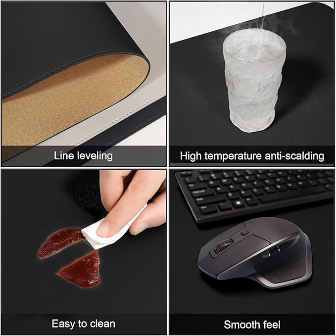 DAWNTREES Dual Sided Desk Mat,Black Leather Desk Pad,47.2''x23.6'',Cork Desk Mat Protector,120x60cm Extra Large Mouse Pad,with PU Leather Valet Tray Organizer,Desk Writing Pad for Office and Home