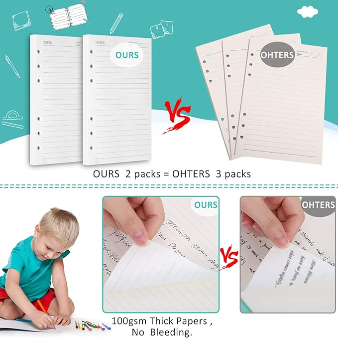 A5 Refill Paper, 280 Pages A5 Loose Leaf Paper 6 Hole Notebook Refills for 6 Ring Refillable Binder Notebook Planner Diary Journals Painting Personal Organiser-Line Pages