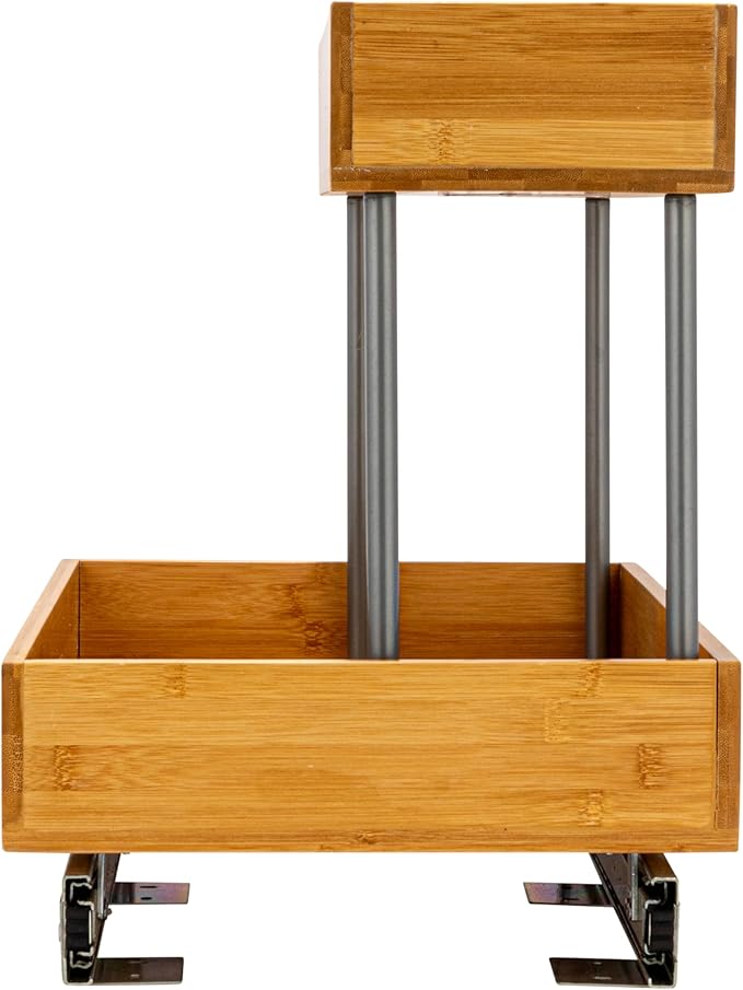 Household Essentials Glidez Steel and Bamboo Pull-Out/Slide-Out Storage Organizer for Under Sink or Cabinet Use - 2 -Tier Design - Fits Standard Size Cabinet or Shelf, Natural and Chrome