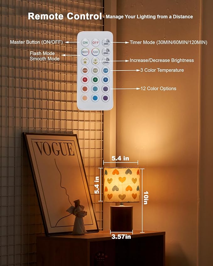 UMEXUS Rechargeable Wood Cordless Table Lamp with Timer, Remote, Dimmer, RGB Color-Changing, Small Battery Operated Lights, Ambient Lighting for Home Indoor Outdoor