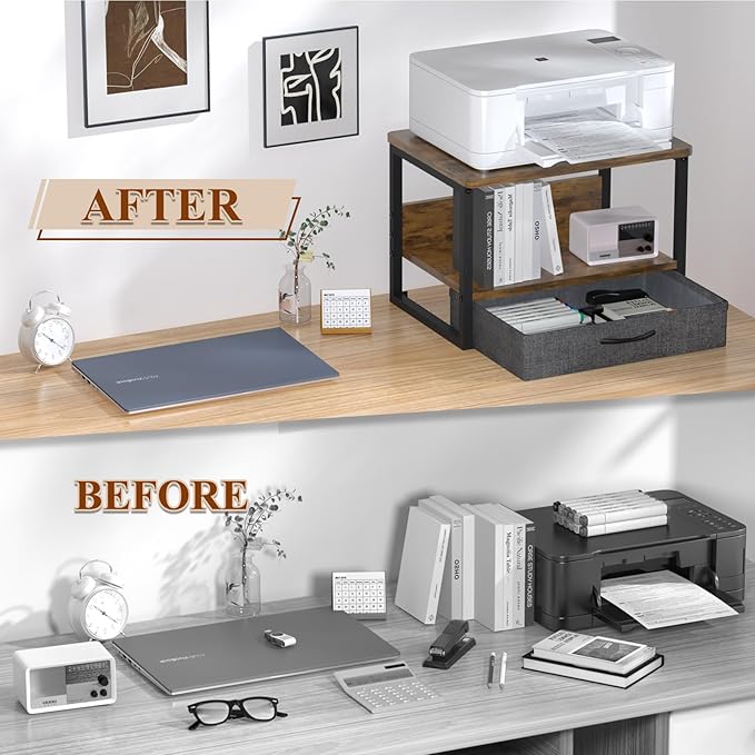 MARTY Printer Stand with Storage Drawer for Desk, 2-Tier Desktop Printer Stand Shelf Organzier for Home Office Printer Riser Under Desk Small Printer Table (Rustic Brown)